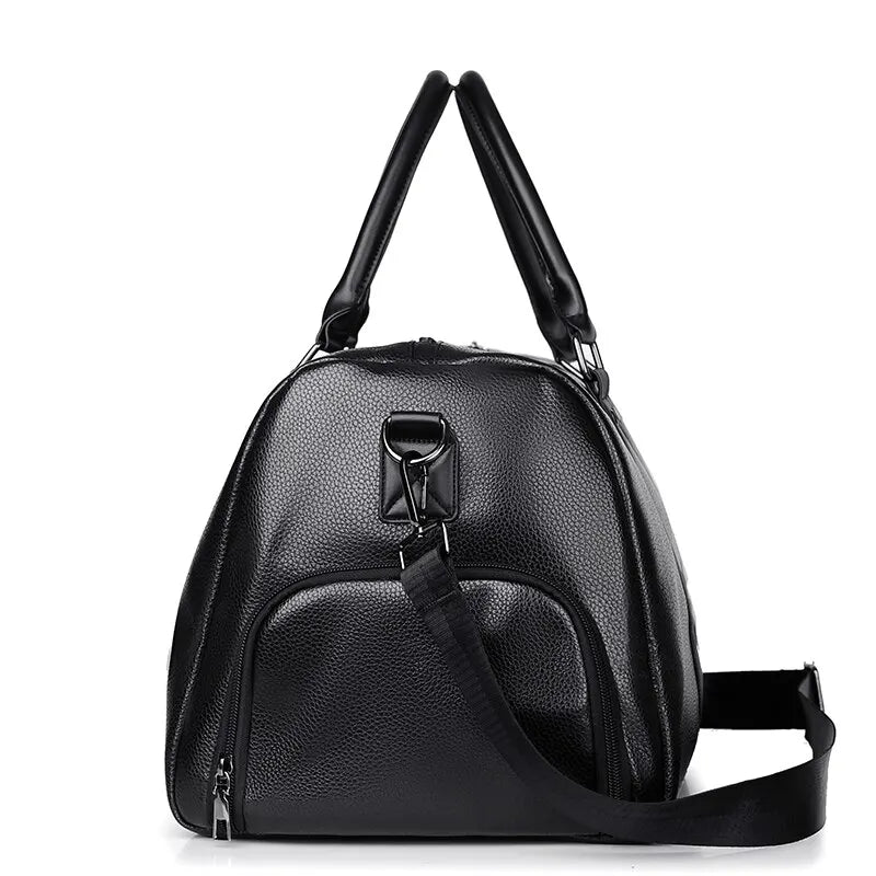 Sac de voyage aspect cuir rétro noir – vue de côté avec bandoulière