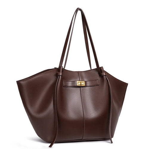 Grand cabas de voyage femme aspect cuir café, forme évasée – vue de face
