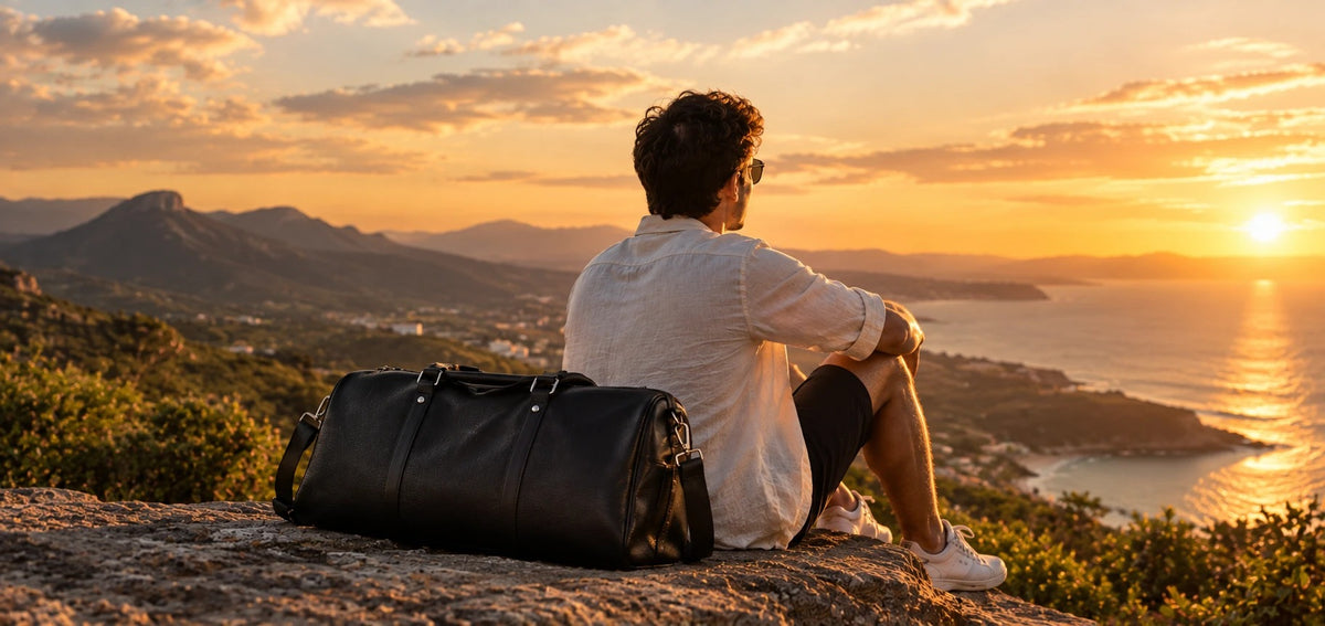 Voyageur assis face à la mer au coucher du soleil, sac de voyage noir posé à côté de lui