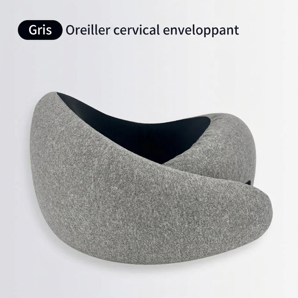 Oreiller de voyage cervical enveloppant coloris gris chiné, vue d'ensemble sur fond clair