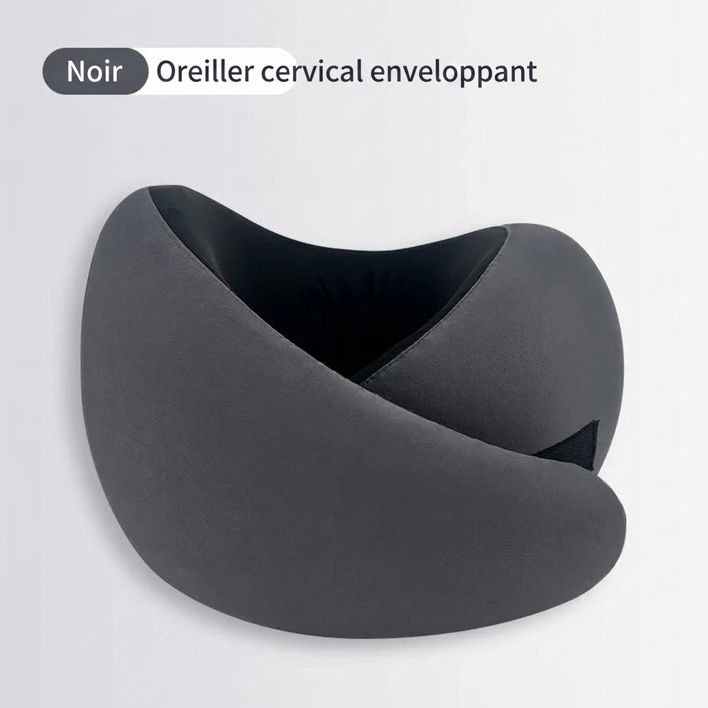 Oreiller de voyage cervical enveloppant coloris noir, vue d'ensemble sur fond clair
