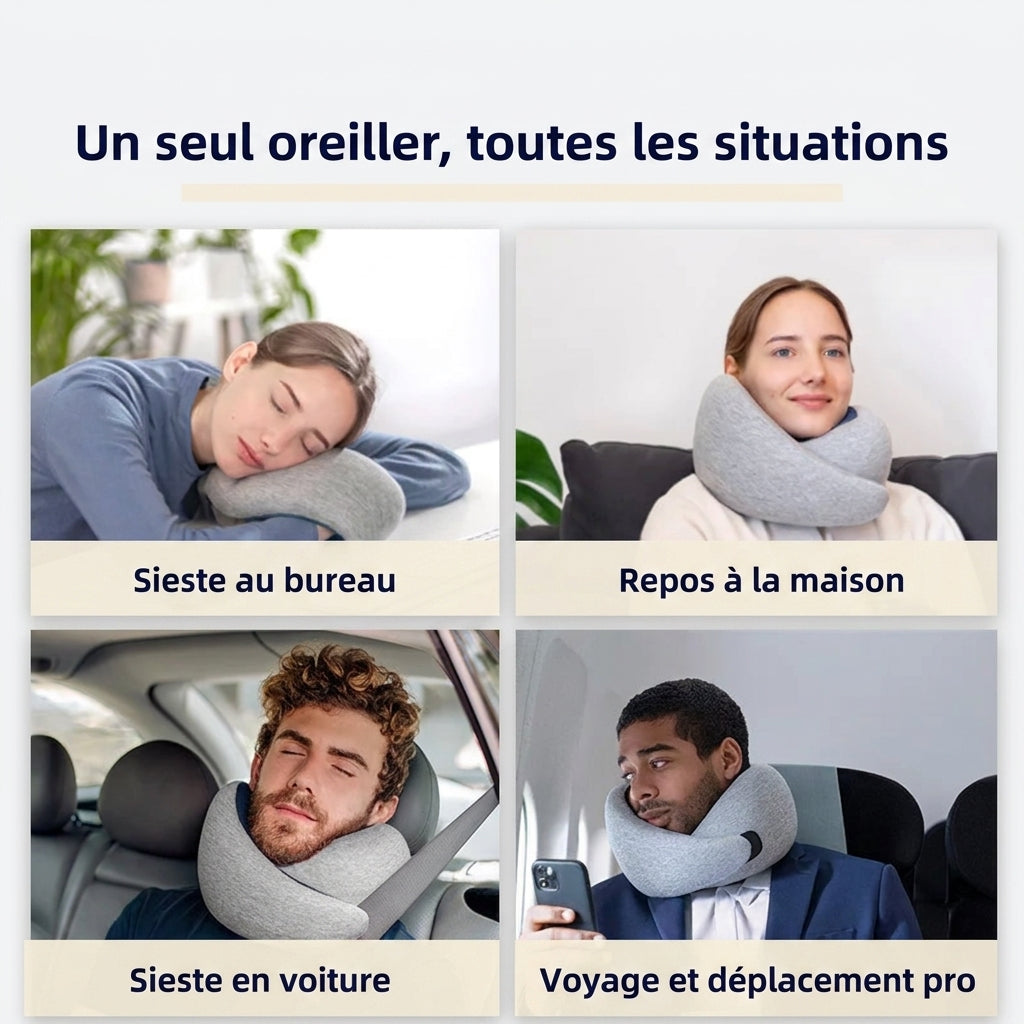 Quatre usages de l'oreiller de voyage : sieste au bureau, repos à la maison, sieste en voiture et déplacement professionnel