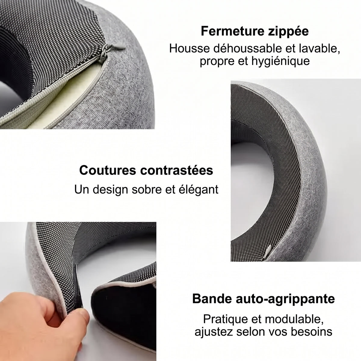 Détails de l'oreiller de voyage : fermeture zippée pour housse déhoussable et lavable, coutures contrastées et bande auto-agrippante ajustable