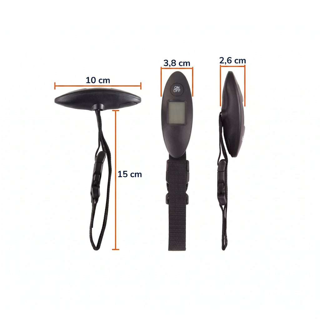 Pèse-bagage compact 40 kg : 10 cm de large, 3,8 cm de haut, 2,6 cm d'épaisseur, dragonne de 15 cm