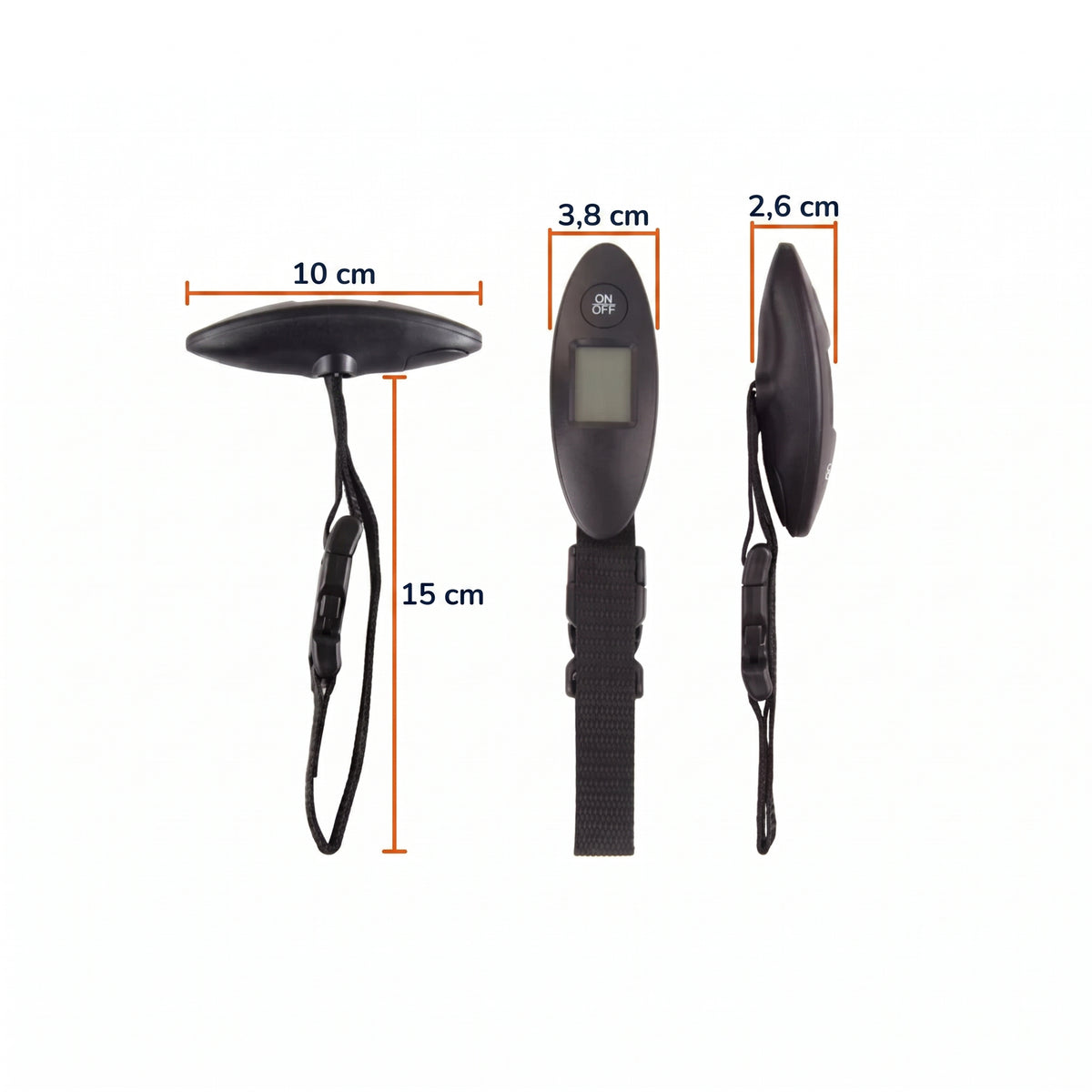 Pèse-bagage compact 40 kg : 10 cm de large, 3,8 cm de haut, 2,6 cm d'épaisseur, dragonne de 15 cm