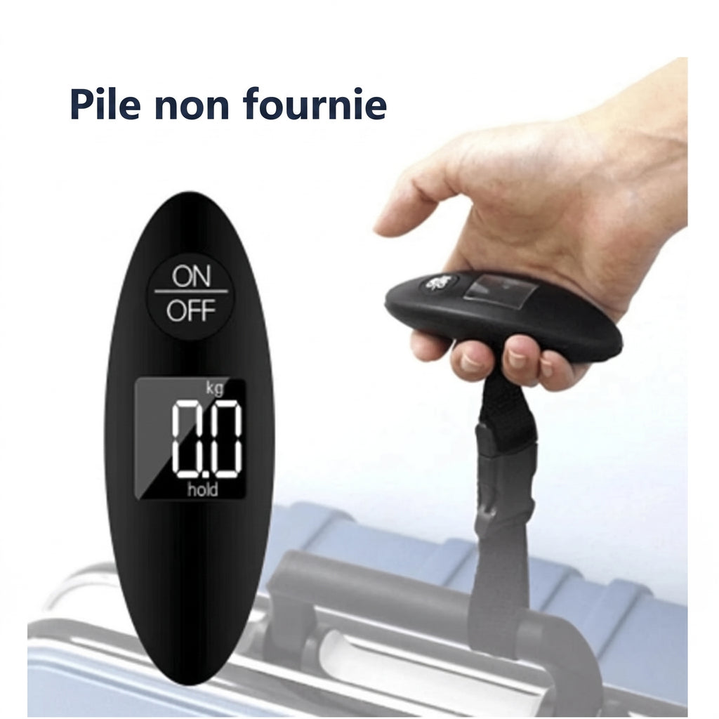Pèse-bagage compact 40 kg accroché à la poignée d'une valise, écran affichant le poids — pile non fournie