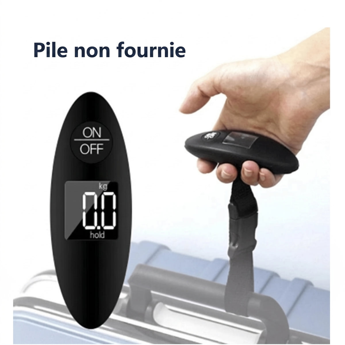 Pèse-bagage compact 40 kg accroché à la poignée d'une valise, écran affichant le poids — pile non fournie