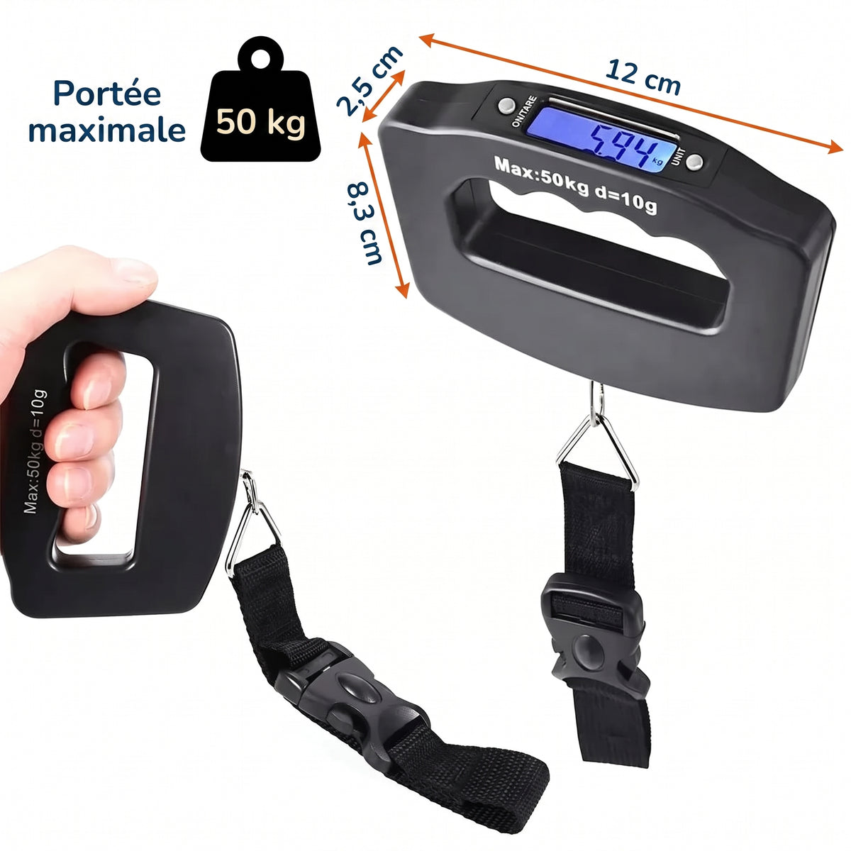 Pèse-bagage numérique : portée maximale 50 kg, 12 cm de large, 8,3 cm de haut, 2,5 cm d'épaisseur