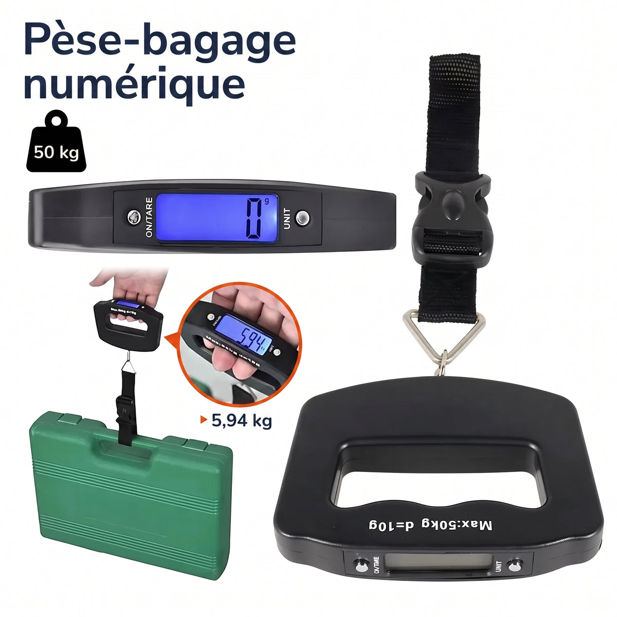Pèse-bagage numérique 50 kg vu sous plusieurs angles, avec sa sangle et sa boucle de fixation