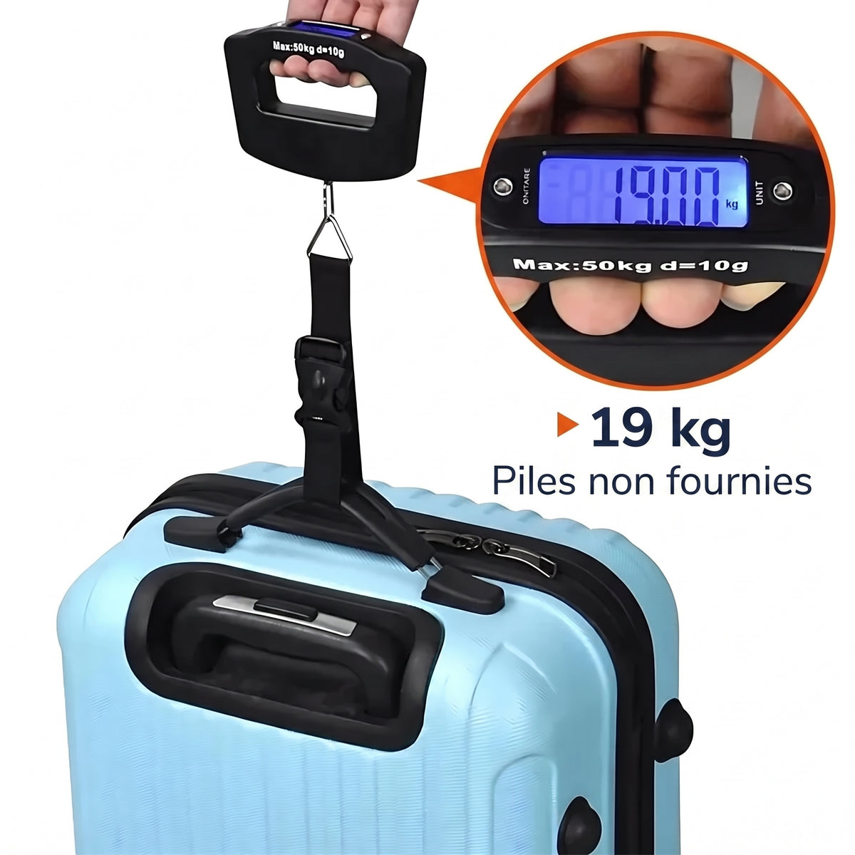 Pèse-bagage numérique 50 kg suspendu à la poignée d'une valise, affichage 19 kg — piles non fournies