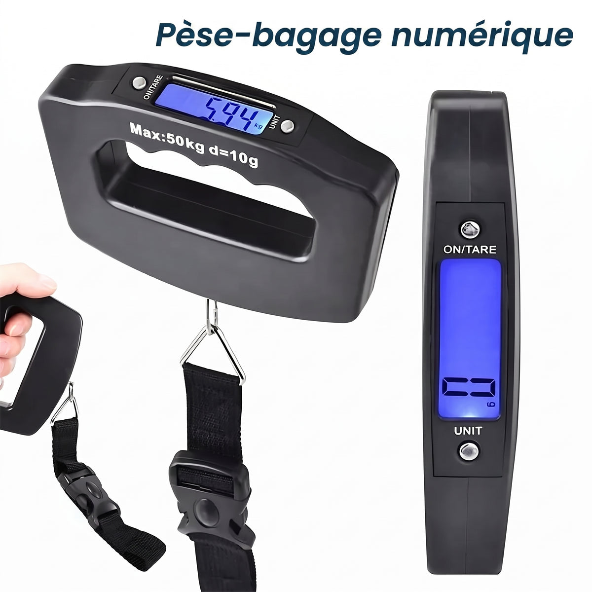 Pèse-bagage numérique 50 kg : vue de face, en main et de profil, écran LCD rétroéclairé bleu