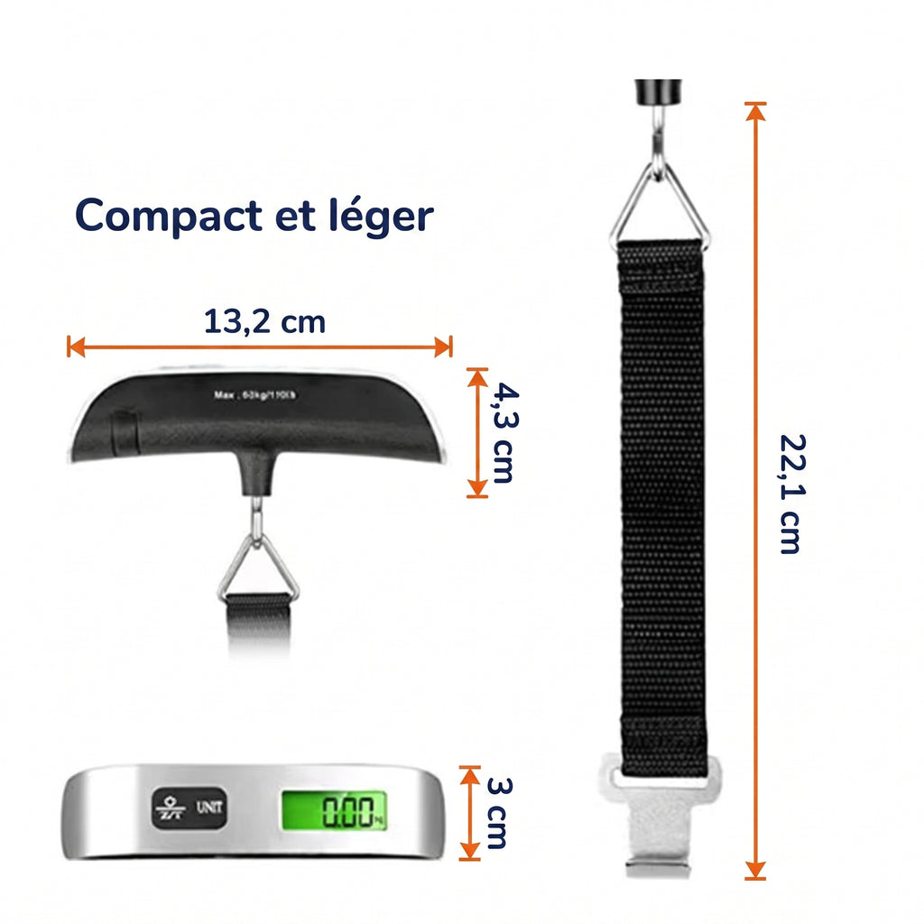 Pèse-bagage de poche 50 kg : 13,2 cm de large, 4,3 cm de haut, sangle de 22,1 cm