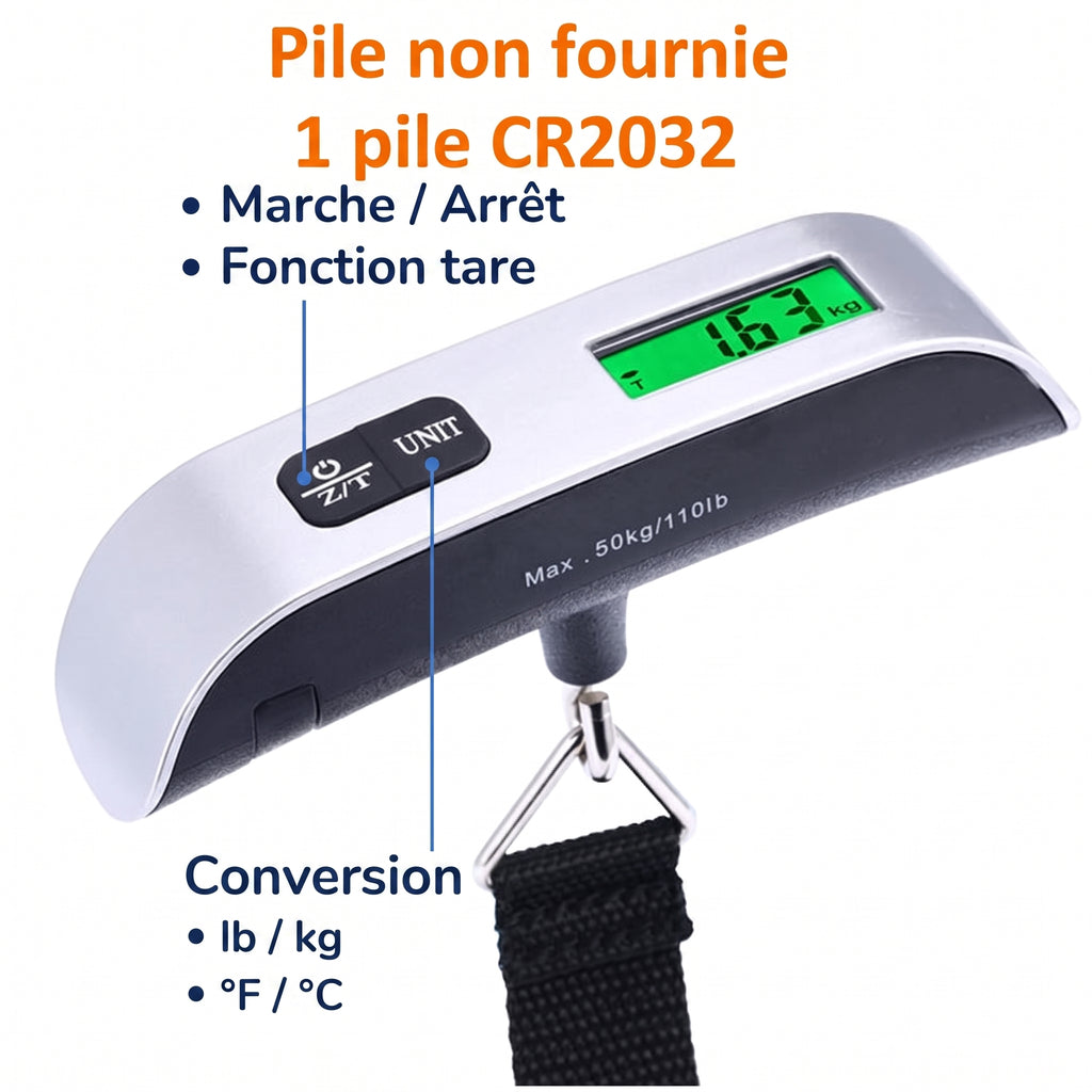 Pèse-bagage de poche 50 kg : marche/arrêt, fonction tare et conversion lb/kg, pile CR2032 non fournie