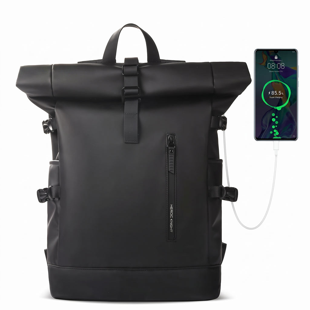 Sac à dos voyage roll-top 15,6 pouces noir, téléphone en charge sur le port USB
