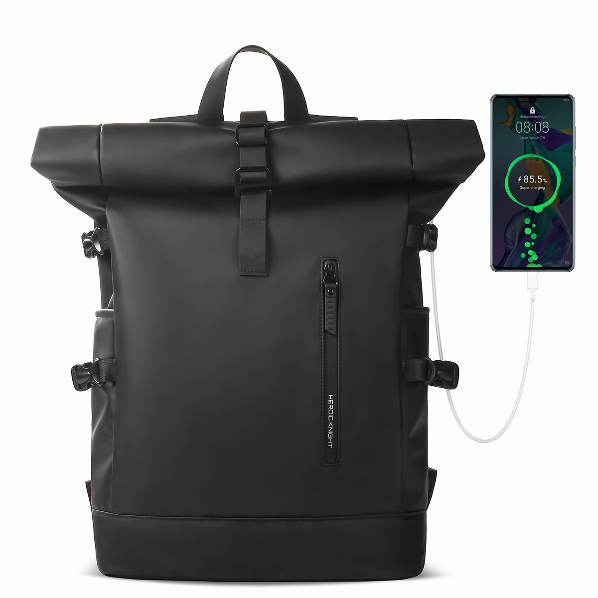 Sac à dos voyage roll-top 15,6 pouces noir, téléphone en charge sur le port USB