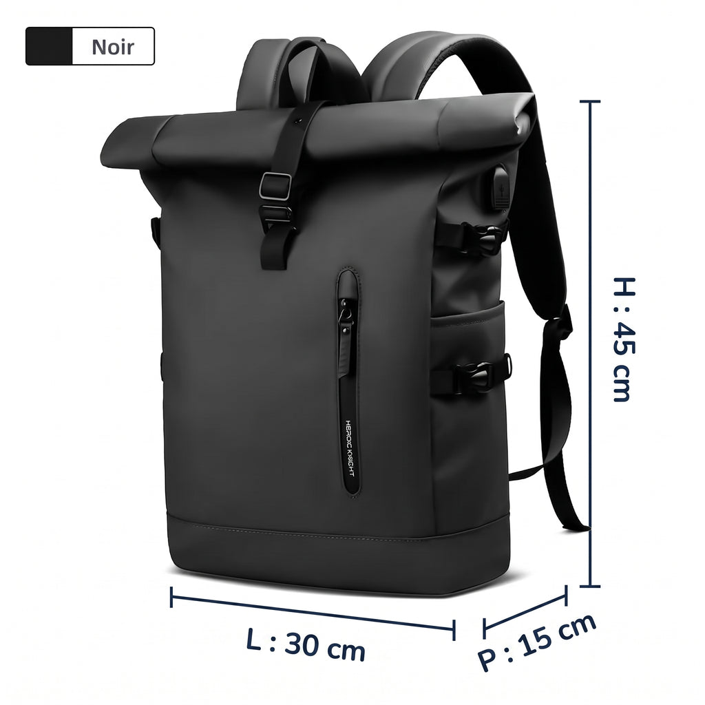 Sac à dos roll-top noir de trois quarts avec ses dimensions