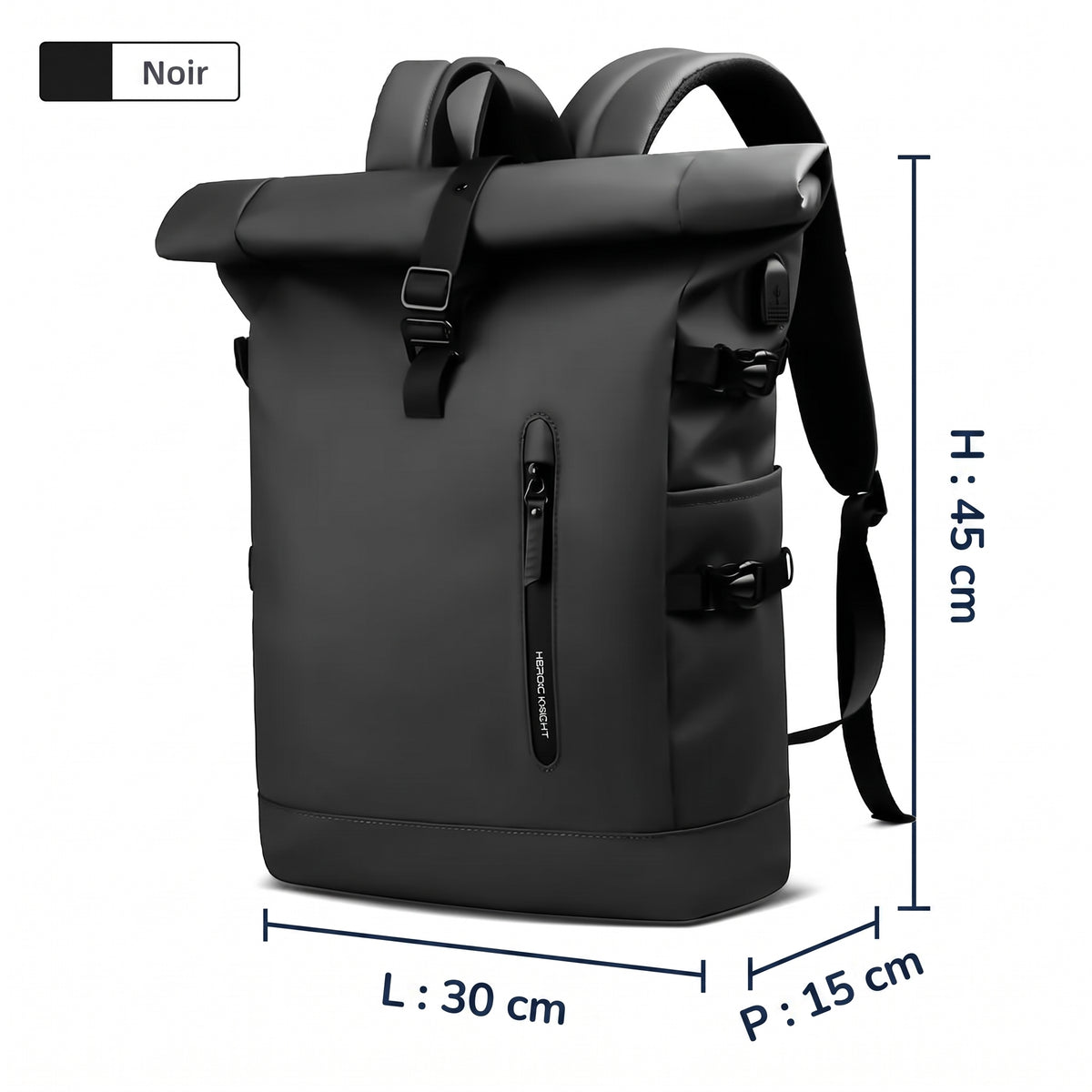 Sac à dos roll-top noir de trois quarts avec ses dimensions