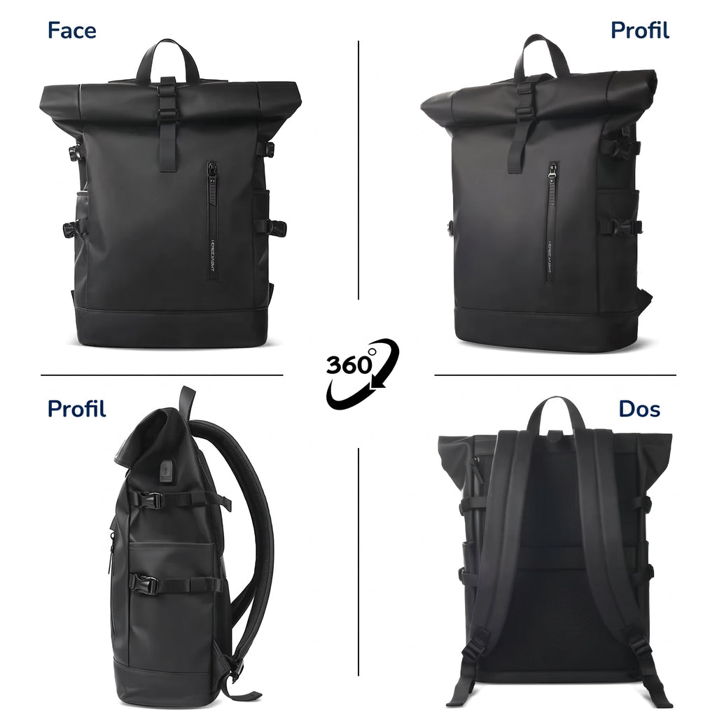 Sac à dos roll-top noir vu de face, de profil et de dos