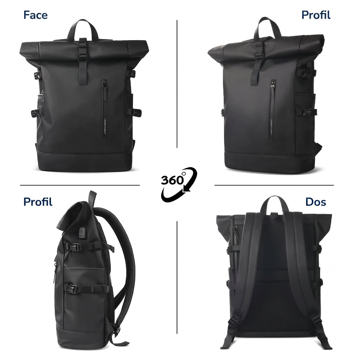Sac à dos roll-top noir vu de face, de profil et de dos