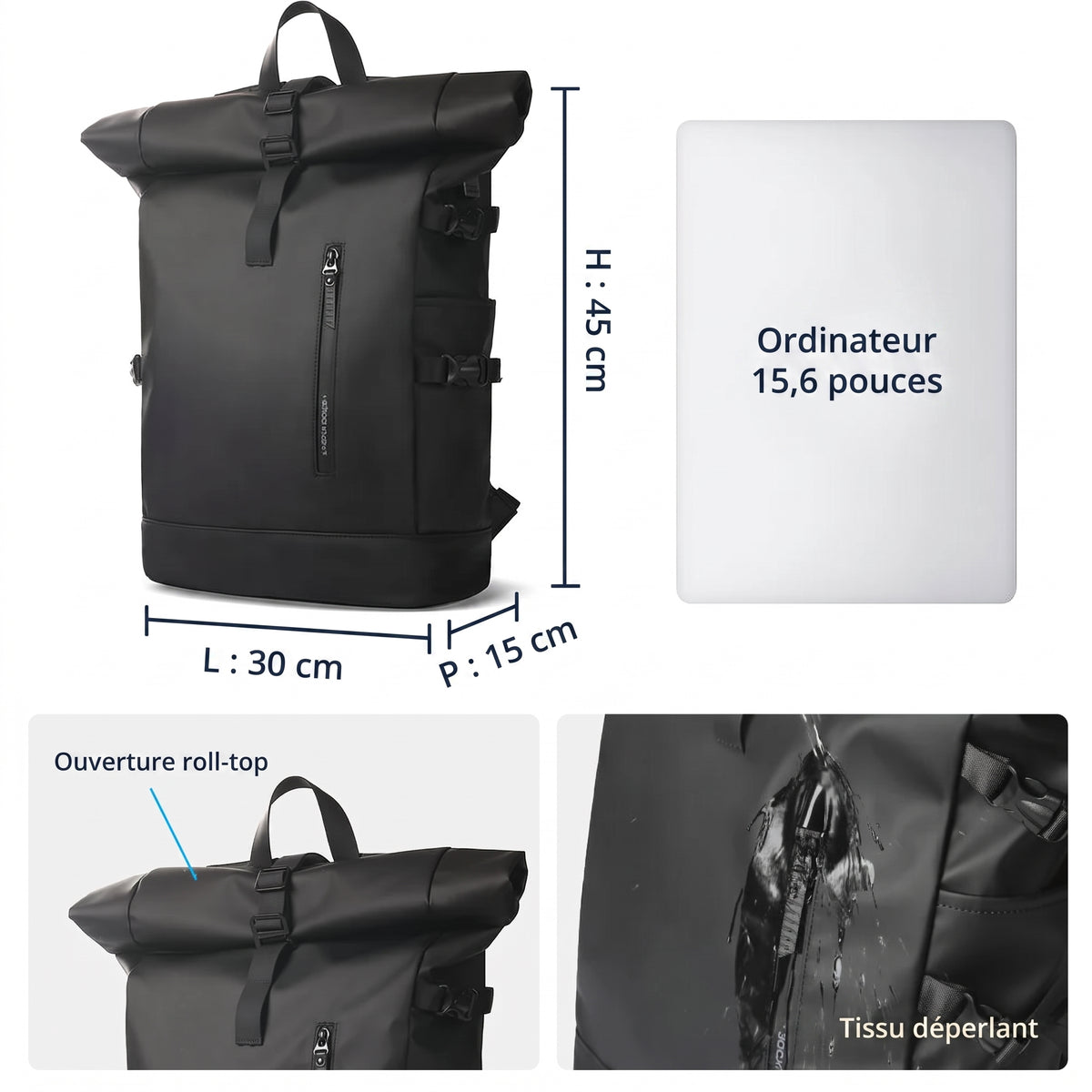 Sac à dos roll-top avec ses dimensions, 30 x 45 x 15 cm, et gros plans de l'ouverture et du tissu