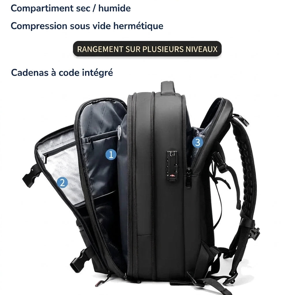 Sac à dos 17 pouces ouvert de profil : compartiment sec et humide, poche sous vide