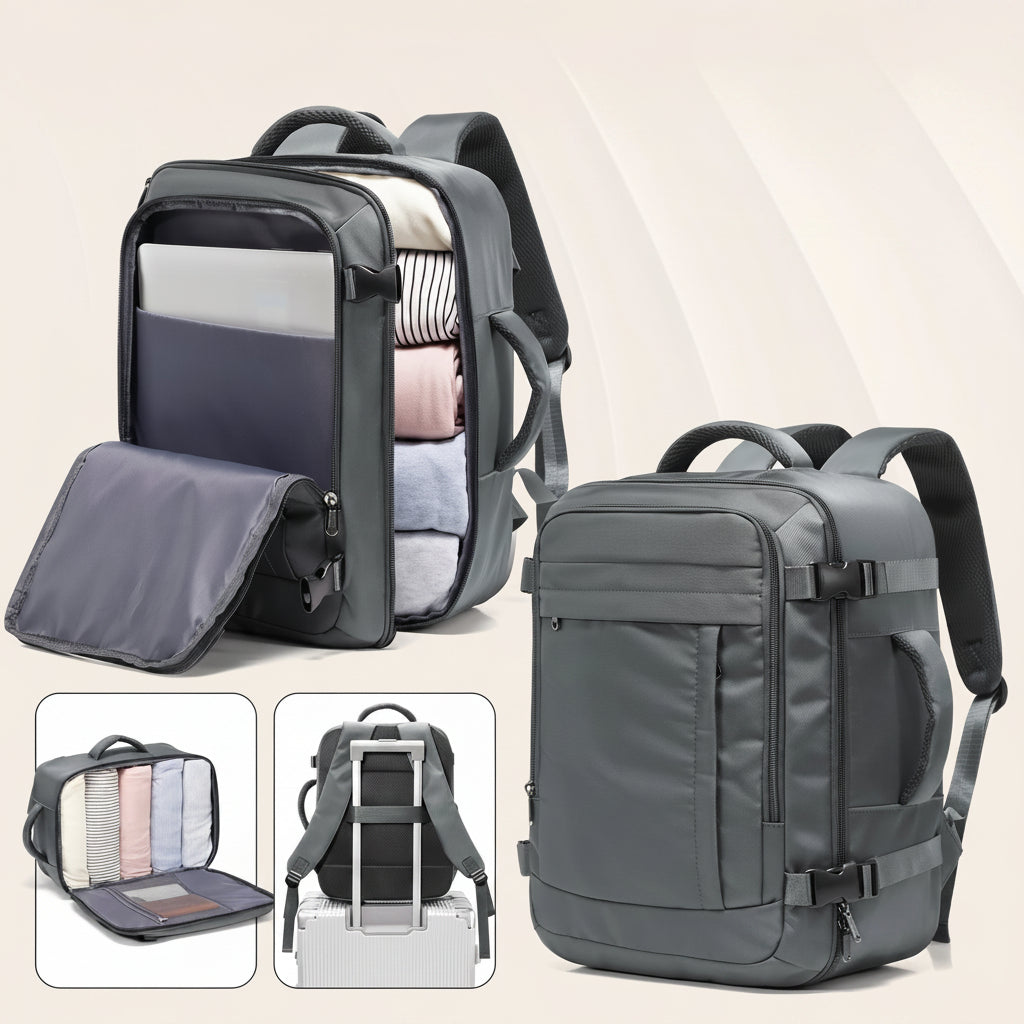 Sac à dos cabine gris ouvert et fermé : compartiment ordinateur, vêtements pliés et fixation sur poignée de valise