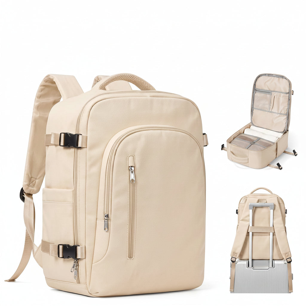 Sac à dos cabine 40 x 20 x 25 cm beige de trois quarts, avec son intérieur ouvert et son passant trolley sur une valise