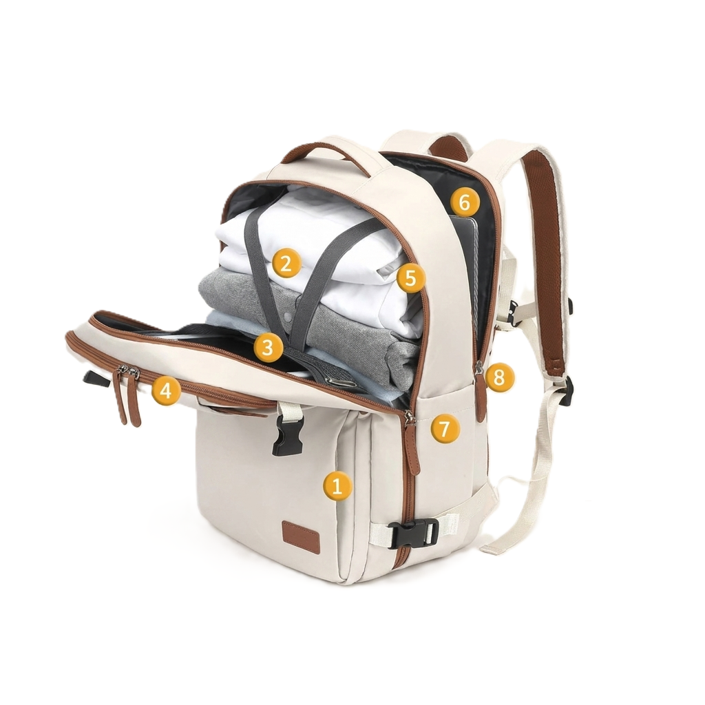 Sac à dos cabine blanc cassé ouvert, zones de rangement numérotées