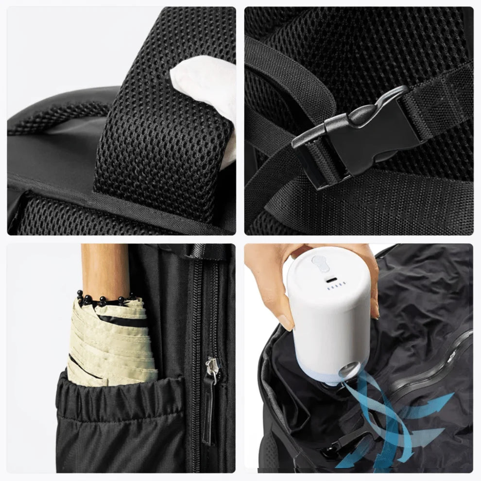 Détails du sac à dos compression : bretelles, boucle, poche latérale et pompe