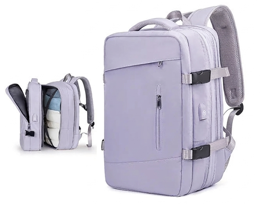 Grand sac à dos voyage lilas 18 pouces, vue de trois quarts et ouvert
