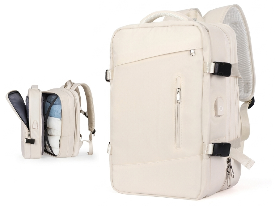 Grand sac à dos voyage blanc cassé 18 pouces, vue de trois quarts et ouvert
