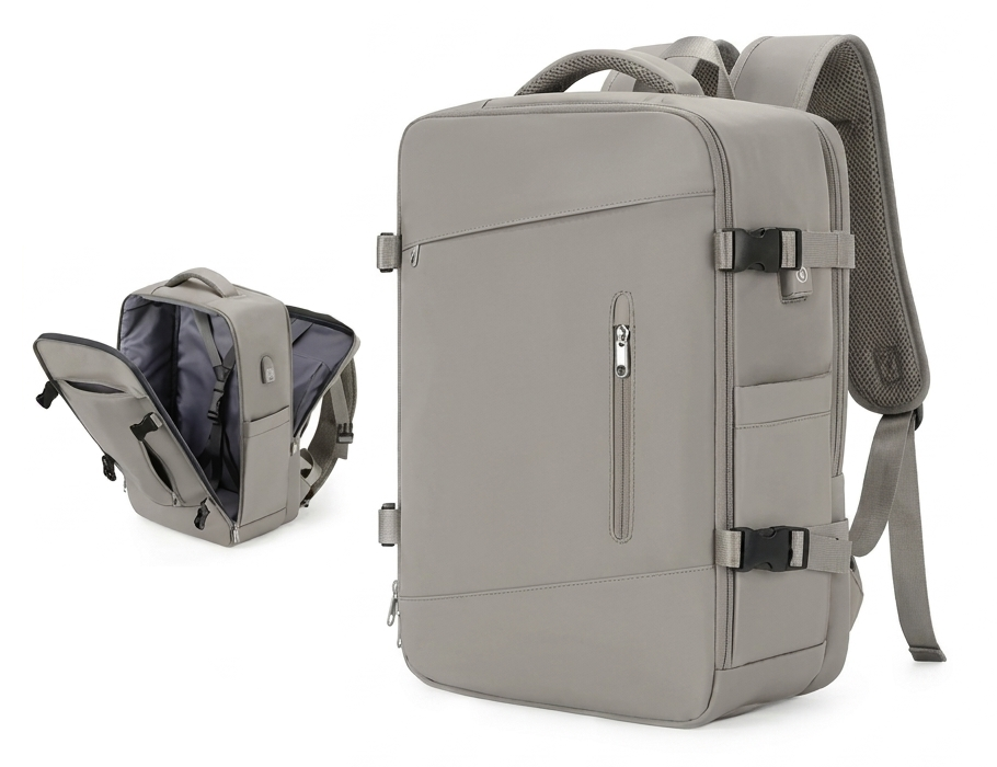 Grand sac à dos voyage taupe 18 pouces, vue de trois quarts et ouvert