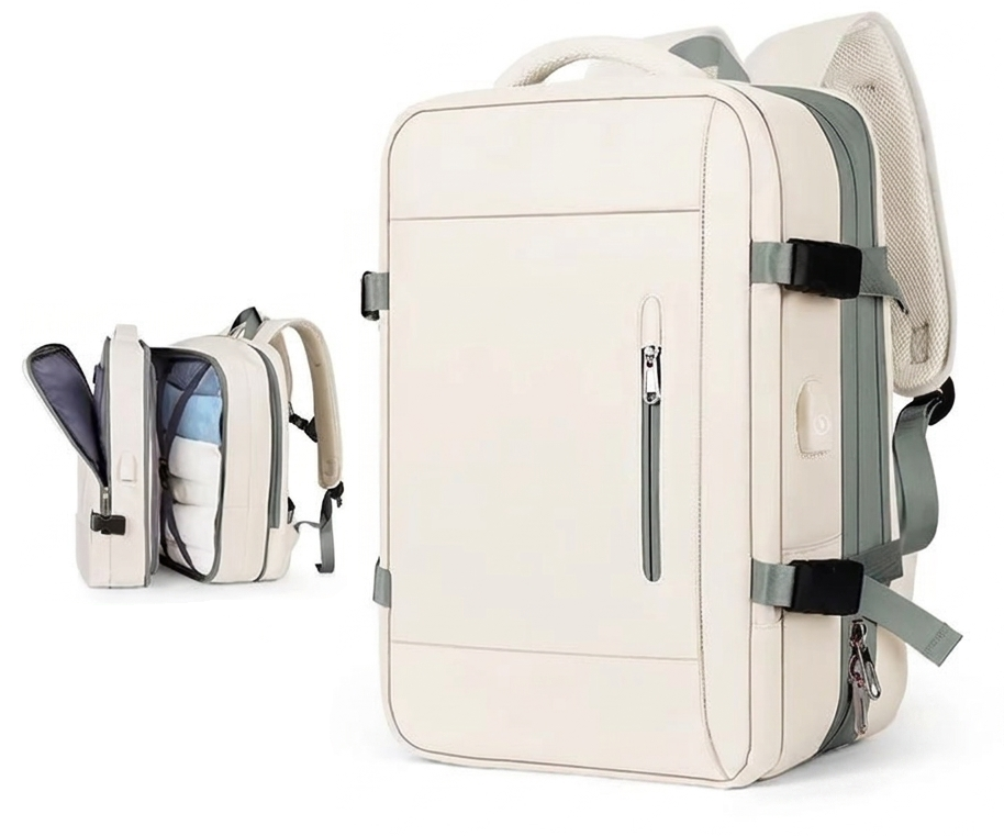Grand sac à dos voyage extensible crème sauge, vue de trois quarts et ouvert