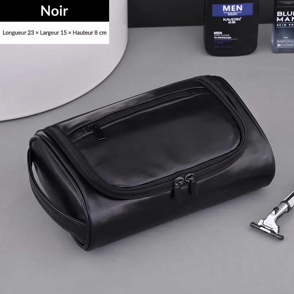 Trousse de toilette homme aspect cuir noir, 23 x 15 x 8 cm