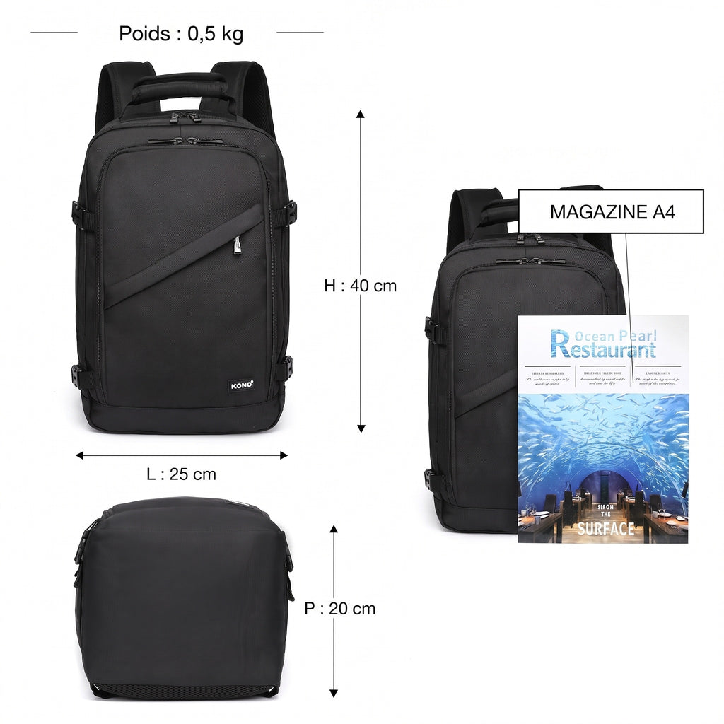 Sac à dos cabine ultraléger noir – schéma des dimensions 40 x 25 x 20 cm et poids de 0,5 kg