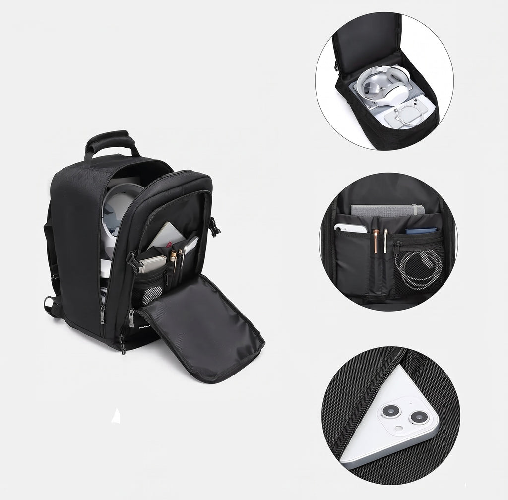 Sac à dos cabine ultraléger noir ouvert, avec gros plans des rangements intérieurs