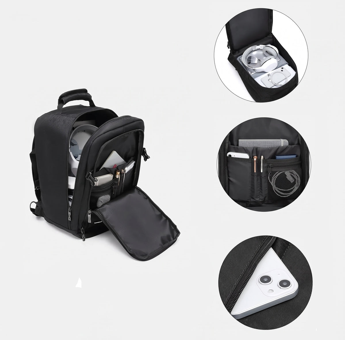 Sac à dos cabine ultraléger noir ouvert, avec gros plans des rangements intérieurs