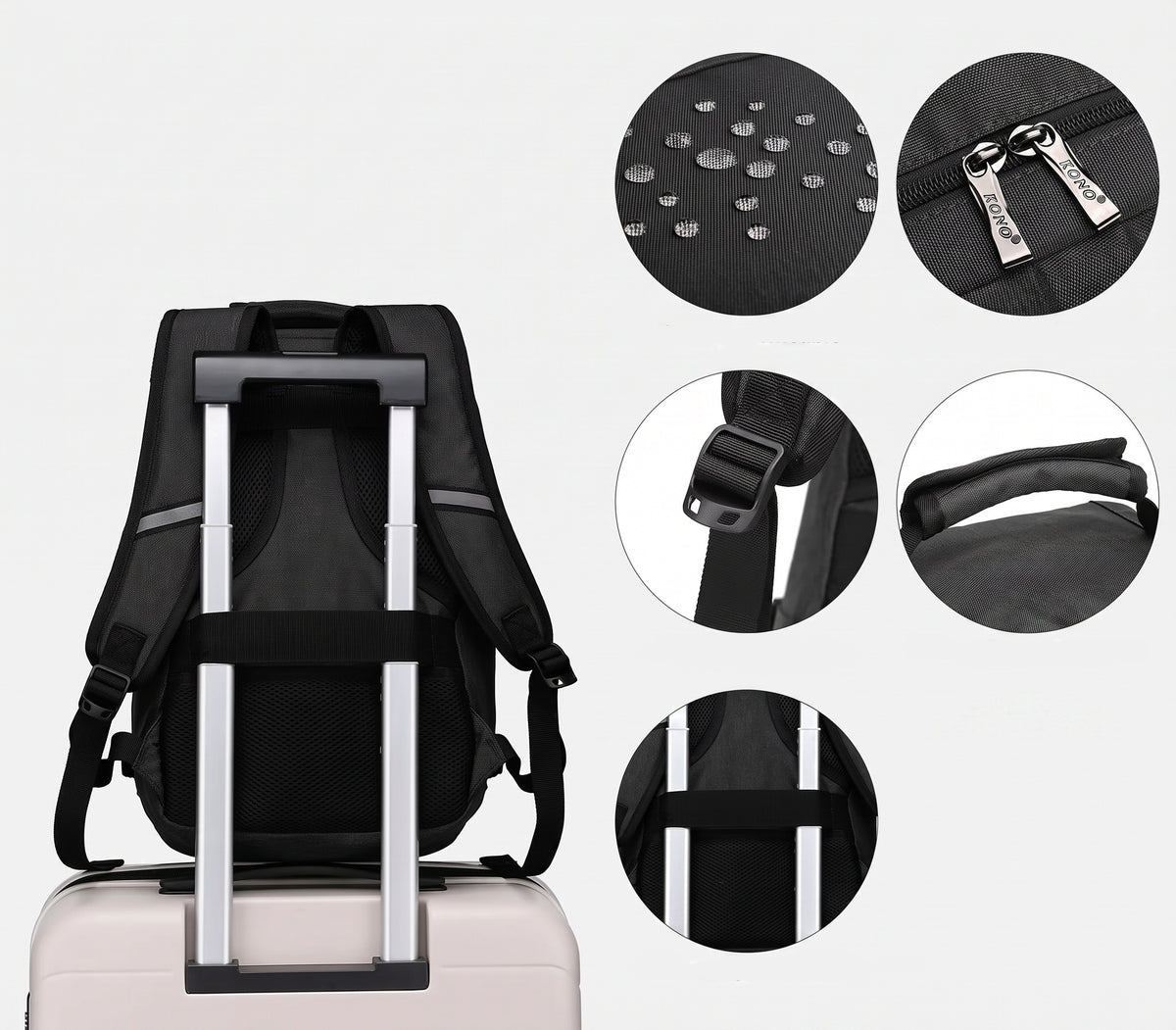 Sac à dos cabine ultraléger noir vu de dos, sangle glissée sur la poignée d'une valise, gros plans des finitions
