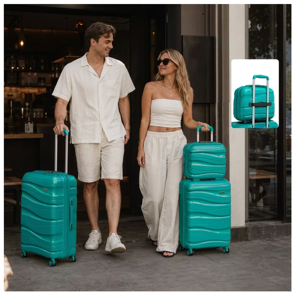 Couple en ville avec trois valises cabine vertes en polypropylène