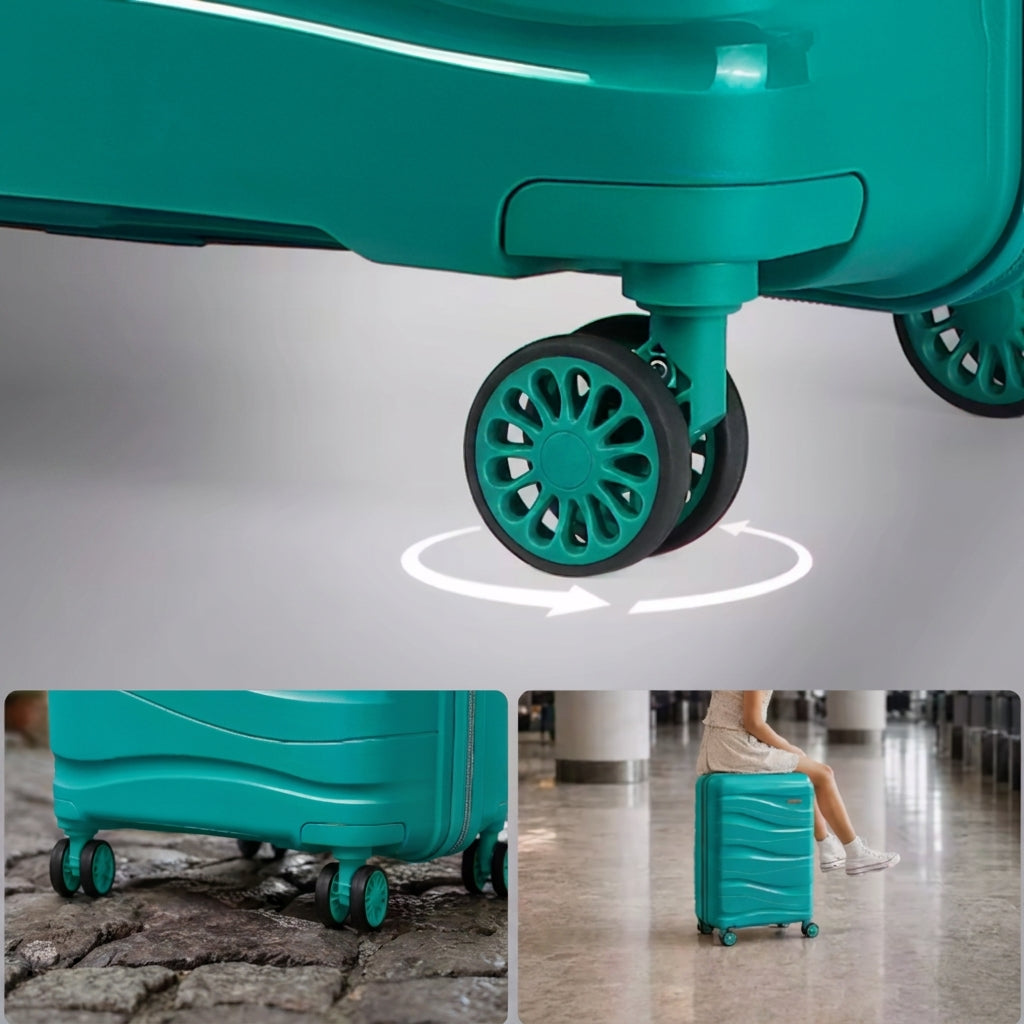 Gros plan sur les roulettes doubles pivotantes à 360 degrés de la valise cabine