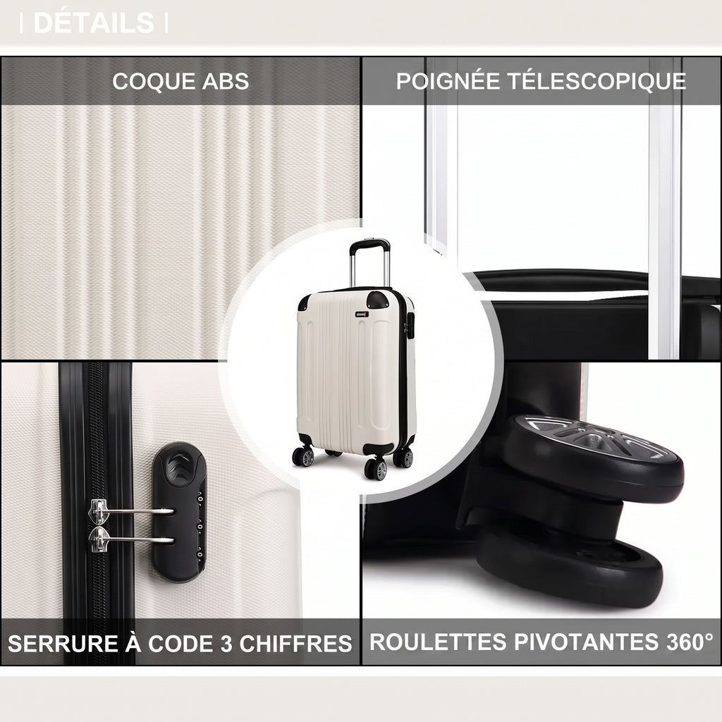 Détails de la valise cabine 55x35x20 : coque ABS, poignée télescopique, serrure à code et roulettes pivotantes