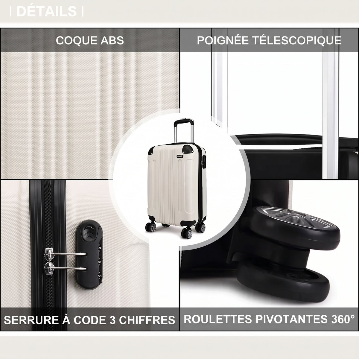 Détails de la valise cabine 55x35x20 : coque ABS, poignée télescopique, serrure à code et roulettes pivotantes