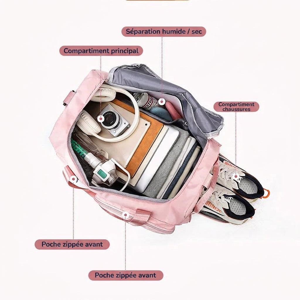 Sac week-end convertible ouvert : séparation humide / sec, compartiment chaussures et poches zippées avant
