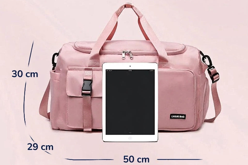 Sac week-end convertible 50 cm – schéma des dimensions 50 × 30 × 29 cm comparé à une tablette