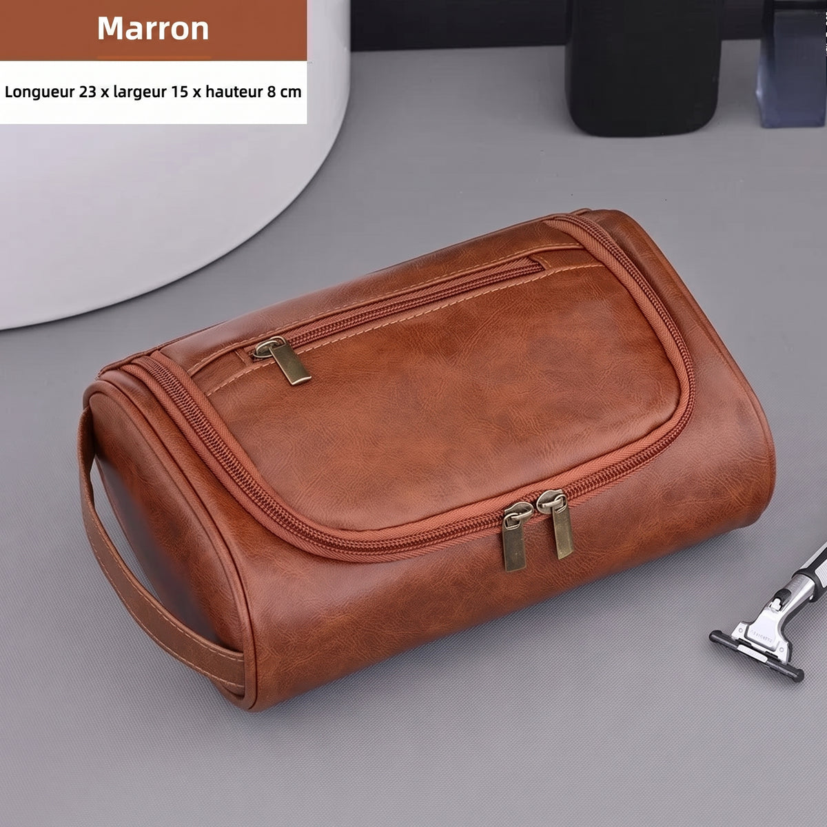 Trousse de toilette homme aspect cuir – compacte et organisée