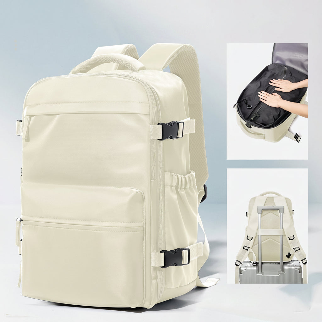 Sac à dos compression beige, vue de trois quarts