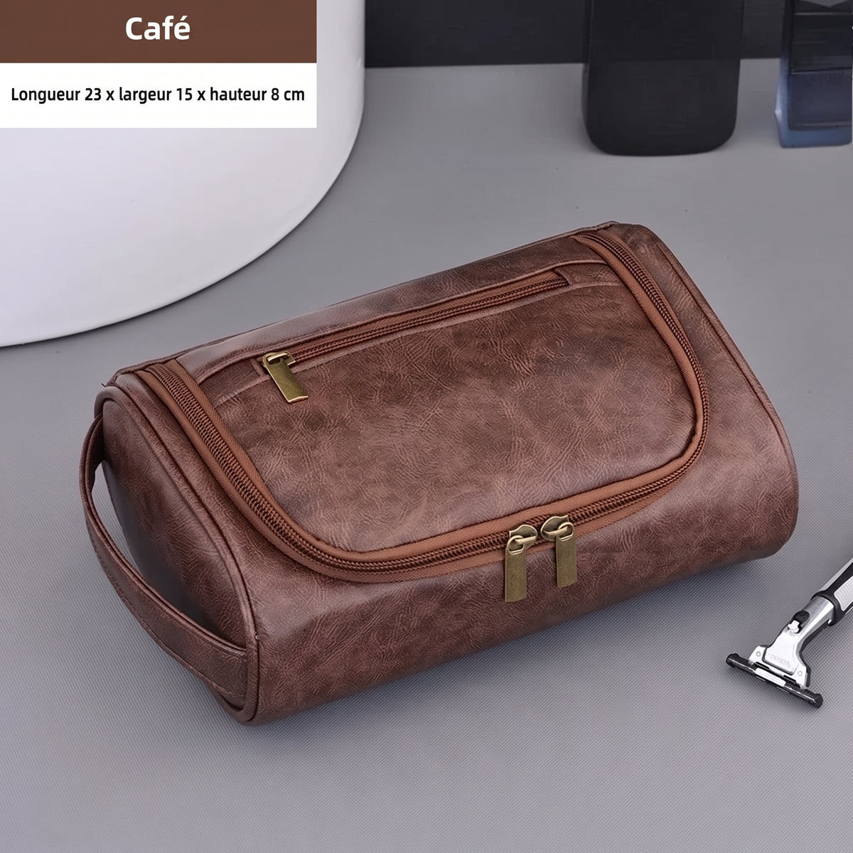 Trousse de toilette homme aspect cuir – variante Café