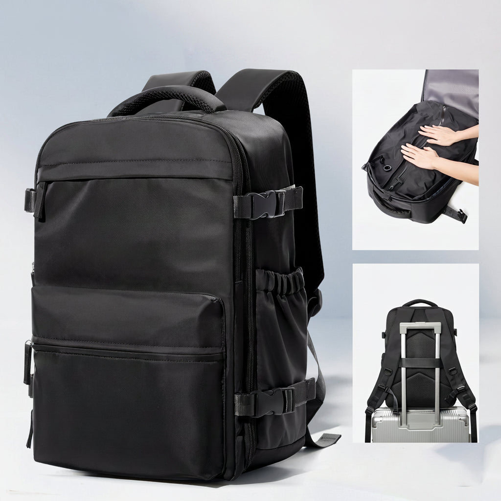 Sac à dos compression noir de face, avec vues de la compression et sur une valise
