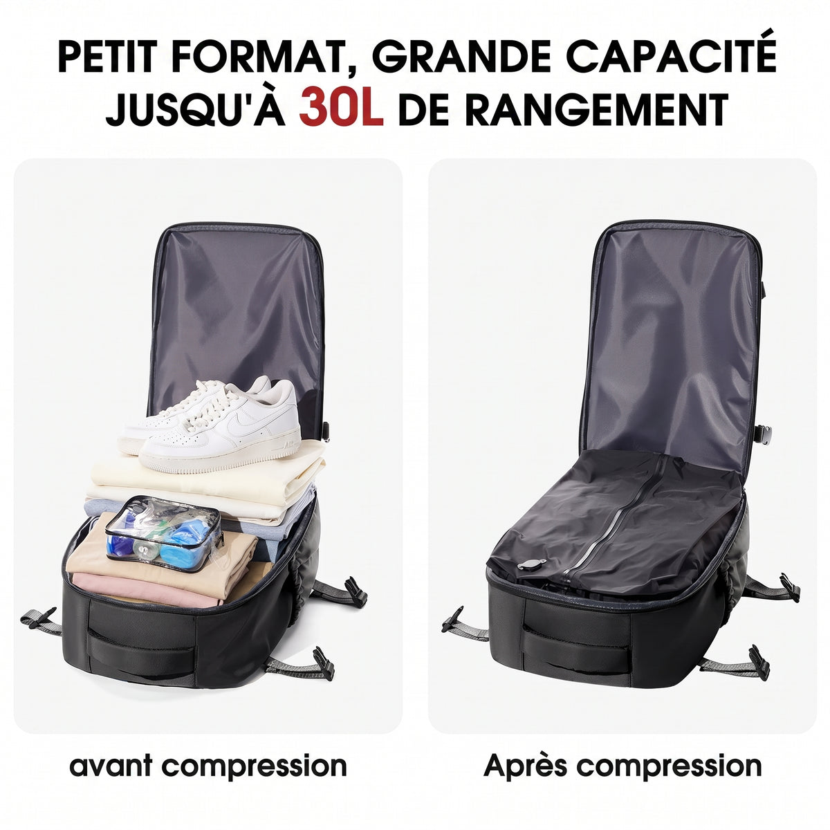 Sac à dos compression sous vide – avant/après compression