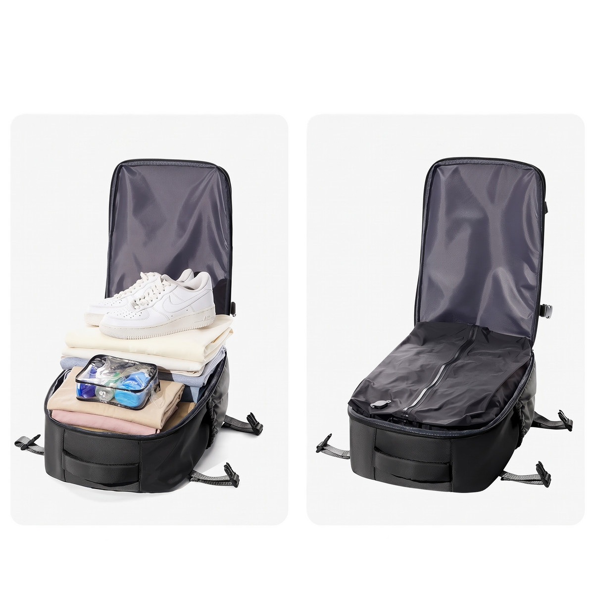 Sac à dos compression ouvert : vêtements et chaussures rangés, puis mis sous vide